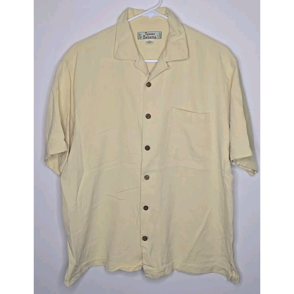 Tommy Bahama Silk Shirt Mens M Yellow Broken Twill Soft Camp Breathable Minimal